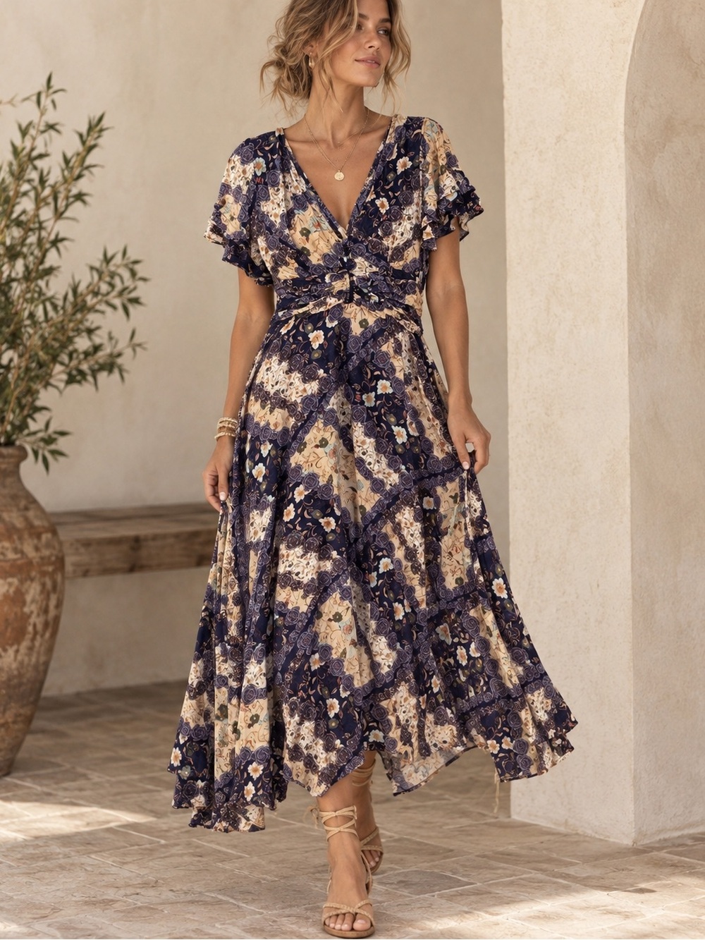 Abel the Label Anthropologie "Ghandi" navy floral flutter sleeve maxi dress M